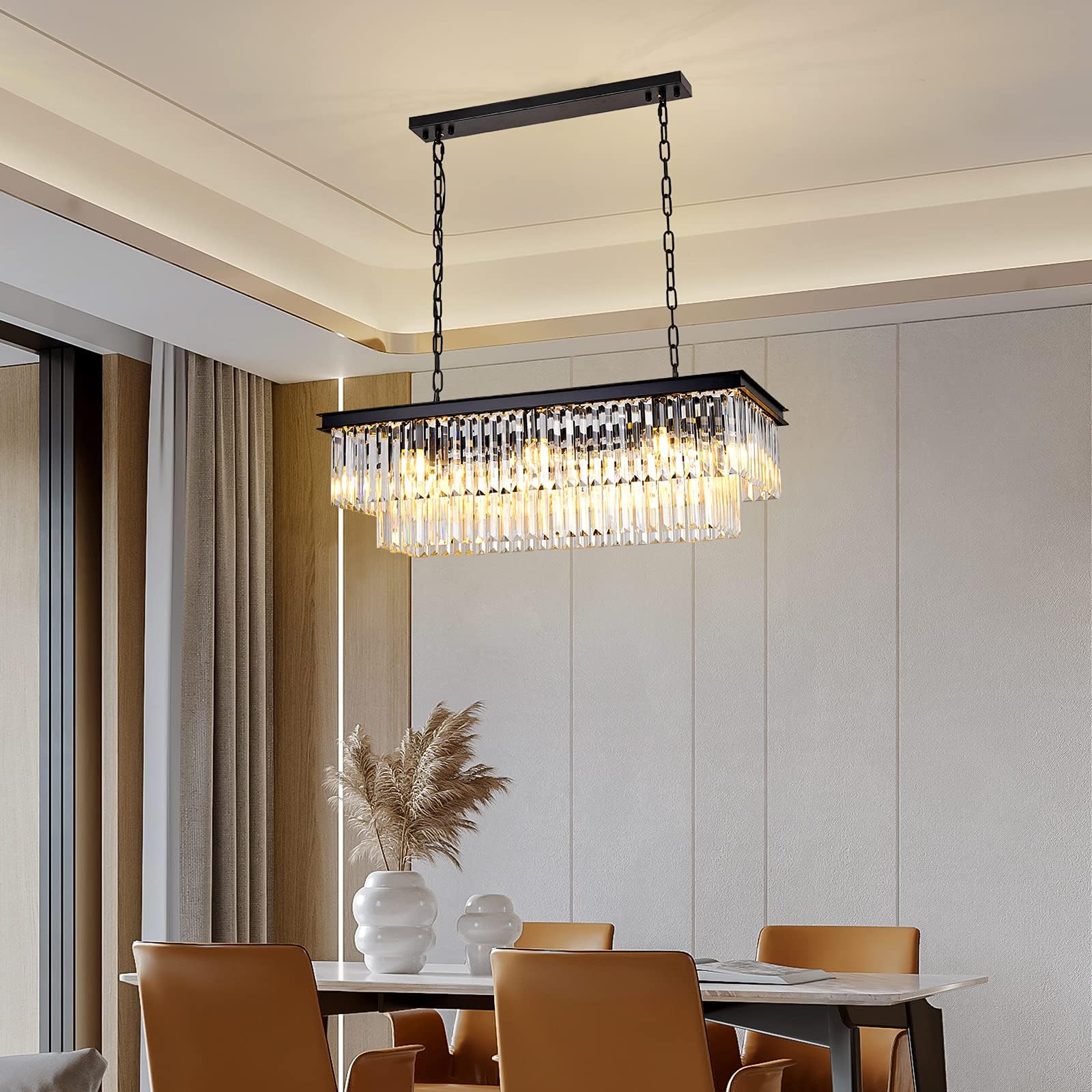 Moderner schwarzer ovaler Kristall-Kronleuchter, E14×8 Lampen, rechteckige große Kristall-Pendelleuchte für Schlafzimmer, Esszimmer,Eingangsbereich, L80cm