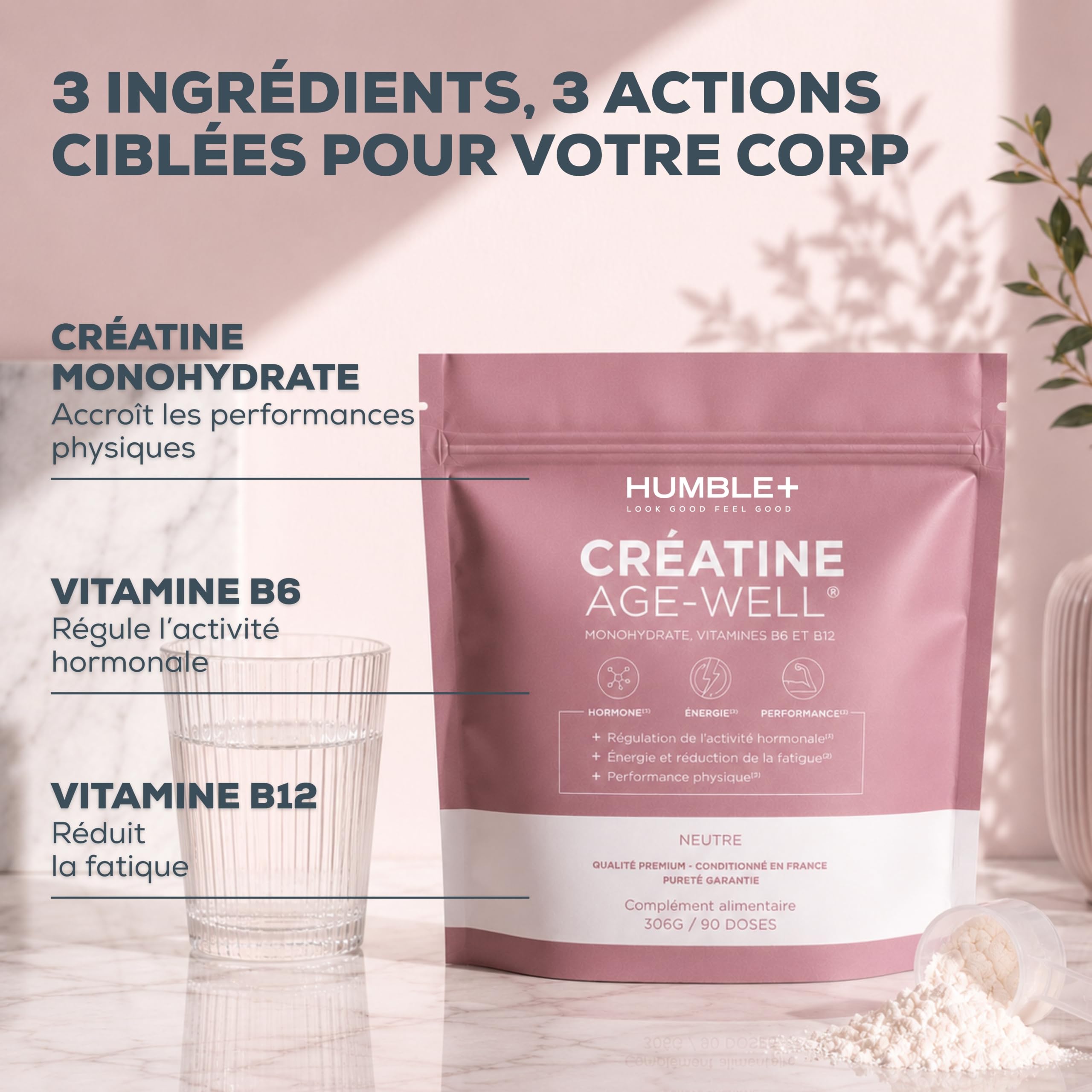 HUMBLE+ Créatine Glow Age-Well® - Créatine Monohydrate + Vitamines B6 et B12-310 g - 90 Portions - Marque Française