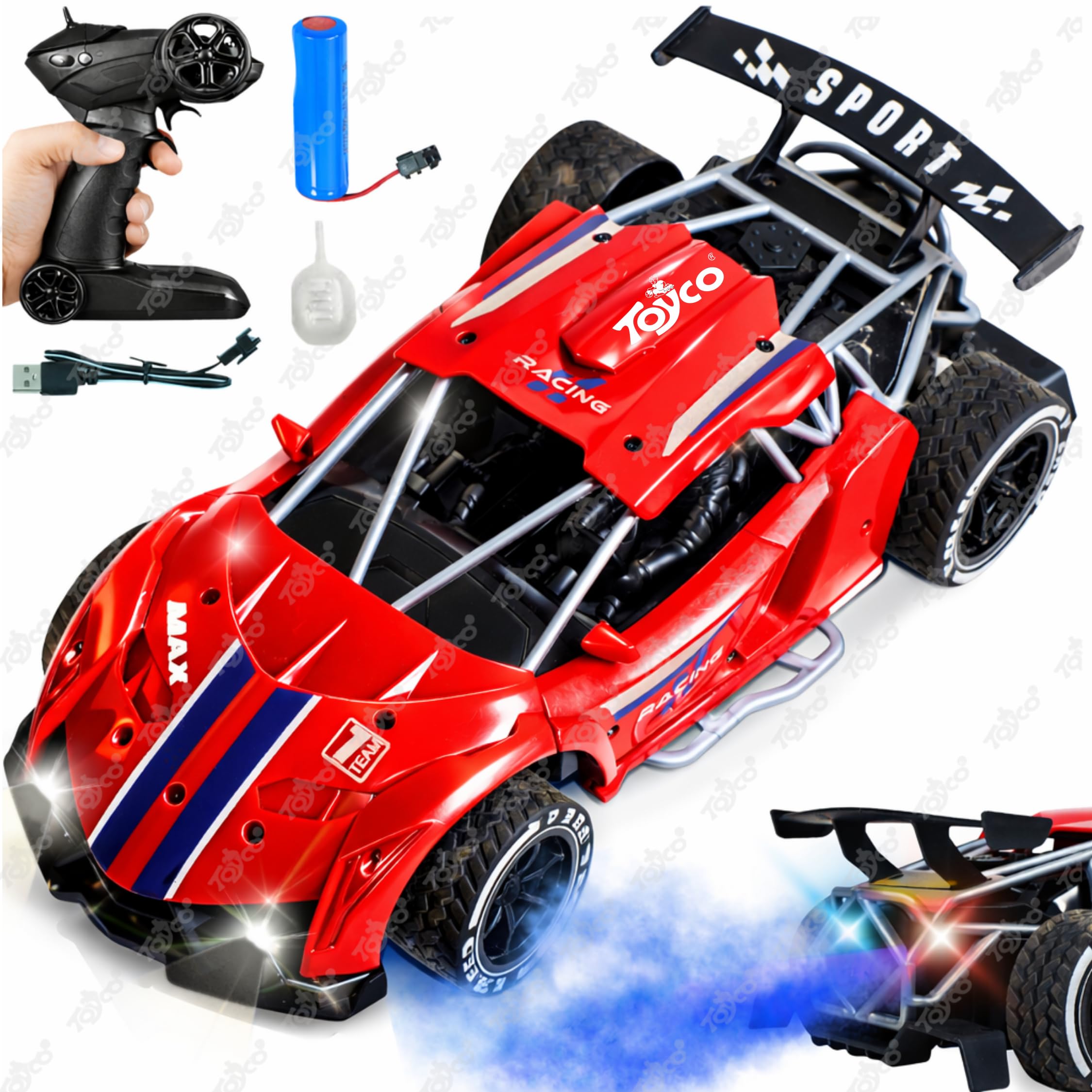 toyco® Rechargeable 2.4GHz Remote Control Car Toy with Real Smoke Effect & LED Headlights | High Speed RC Drift Cars with Long Range & Auto Mode | Big Size ABS Racing Vehicle for Kids Boys Girls 4+-image-14