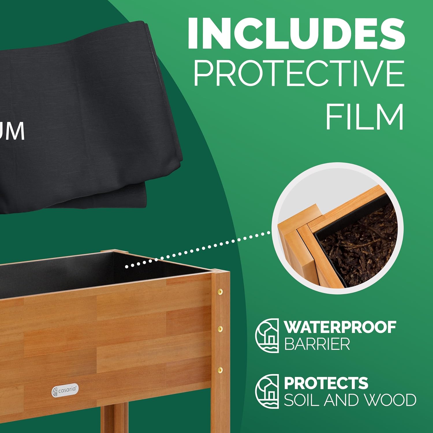 Image showing the protective film liner being placed inside the CASARIA Raised Bed, highlighting its waterproof barrier function.