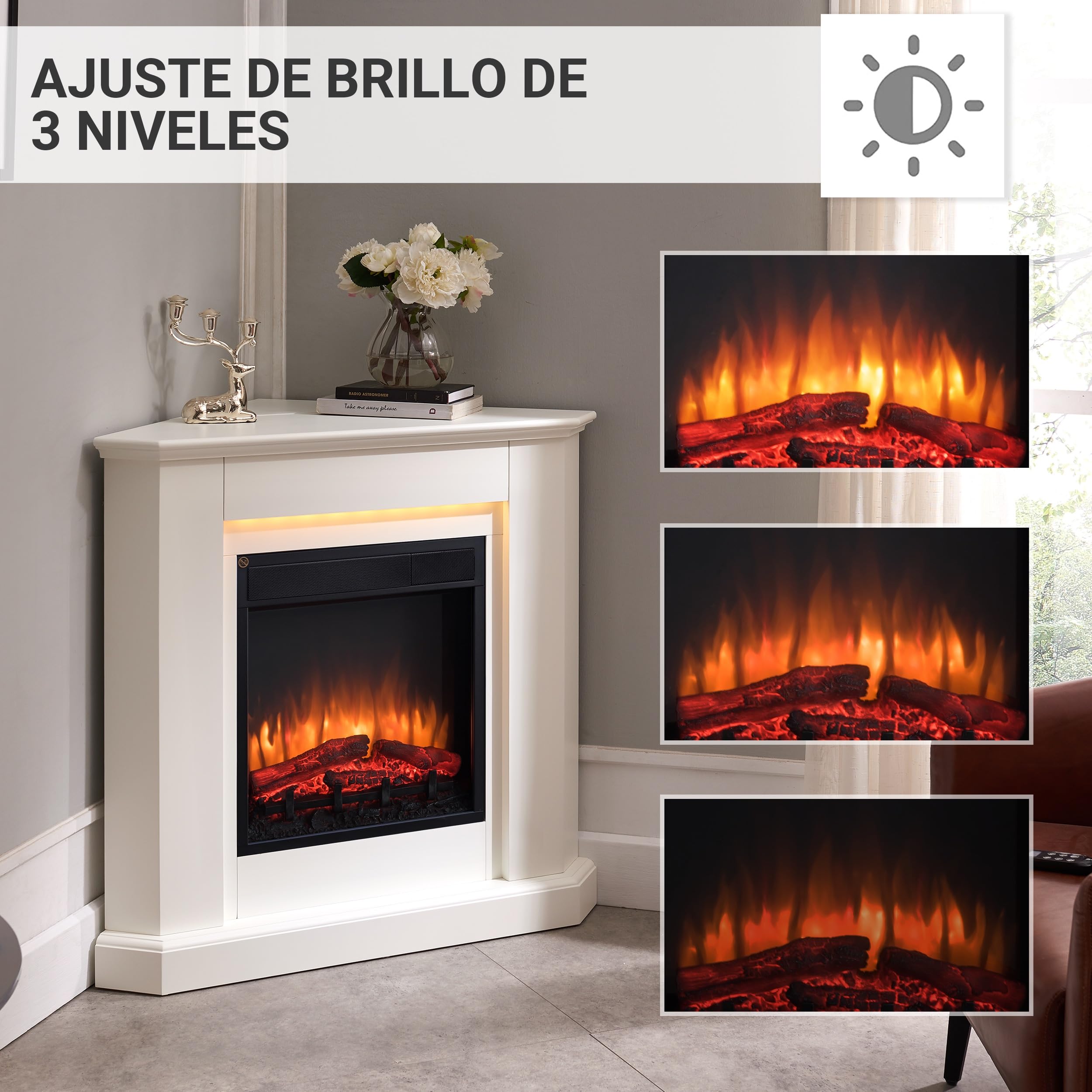 BALDERIA Candela, Chimenea Eléctrica de Esquina Blanca | Calefactor bajo Consumo