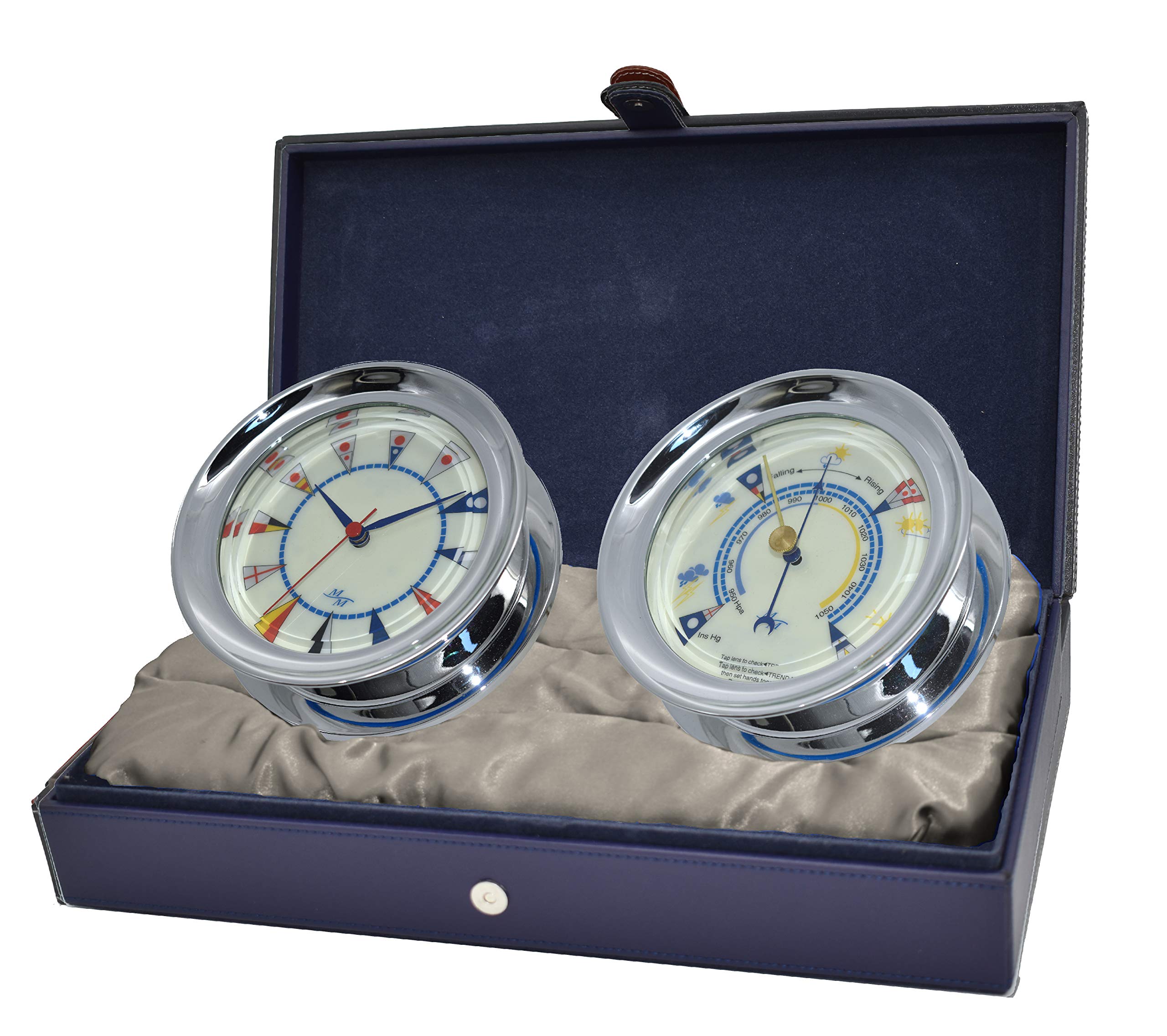 MASTER-MARINER American Voyager Collection, Set Regalo in Stile Nautico, Orologio e Strumenti barometro, Finitura cromata, quadrante con Bandiera Avorio.