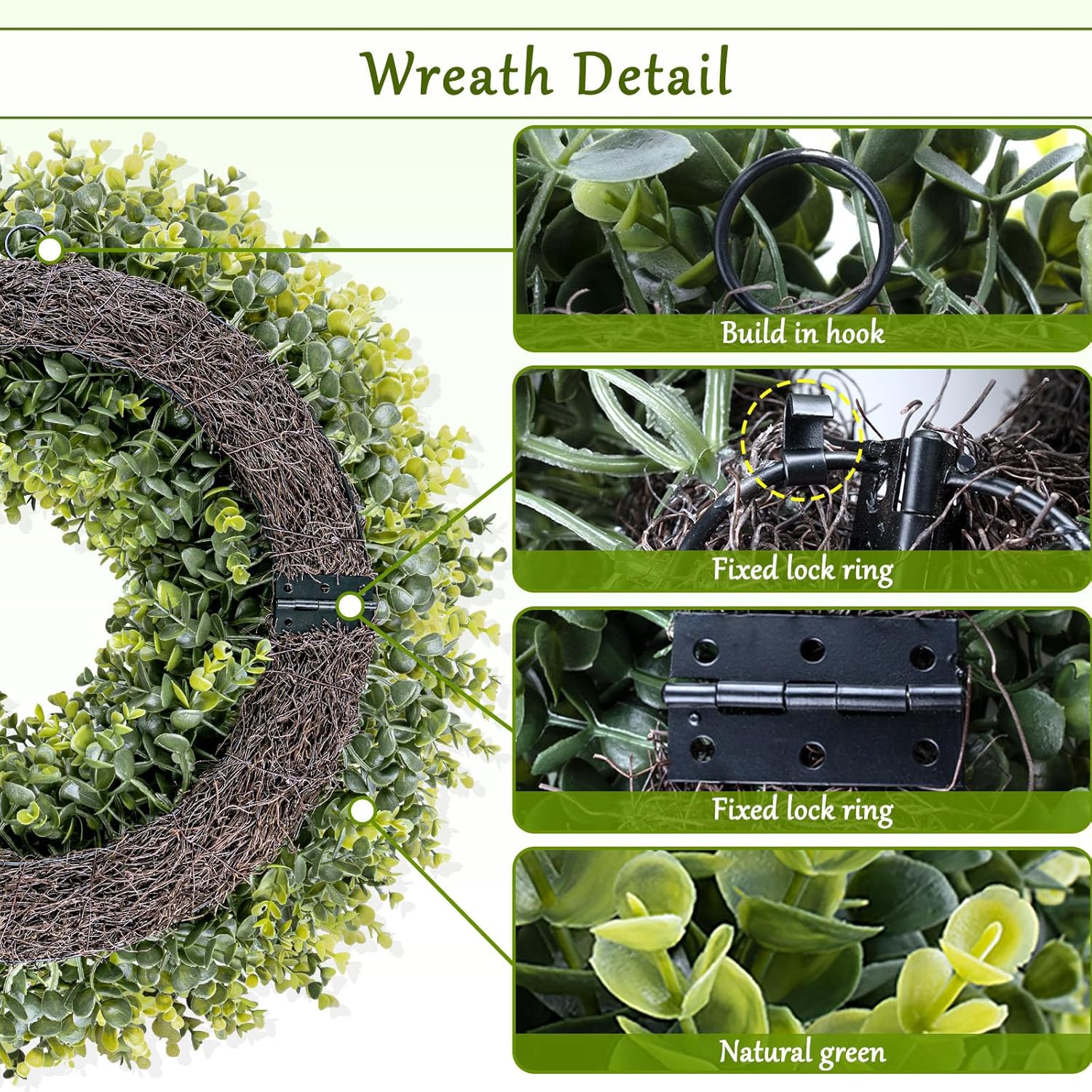 24 Inch Large Boxwoods Green Spring Artificial Wreath for Front Door, Year Round Spring Summer Winter Wreaths for Wall Window Porch Home Farmhouse Wedding Outdoor Outside Indoor Decorations