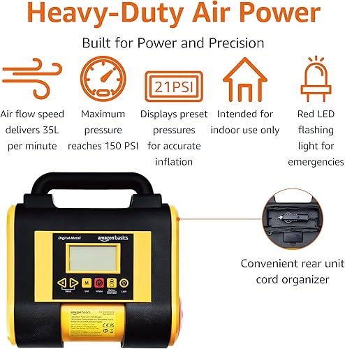 Miniatura 4 de Amazon Basics Inflador portátil de neumáticos de coche con medidor de presión digital, 150 PSI, 12 V CC, negro