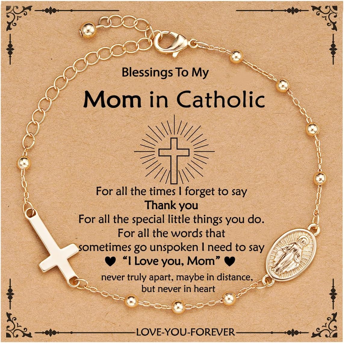 Catholic Bracelet Gifts for Women Girls, Virgin Mary Cross Charm Link Chain Rosary Beads Bracelet Religious Jewelry Gifts