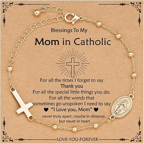 Catholic Virgin Mary Cross Bracelet Gifts for Girls Teens Women, Rosary Beads Charm Link Chain Bracelet Christmas Christian Religious Jewelry Gifts