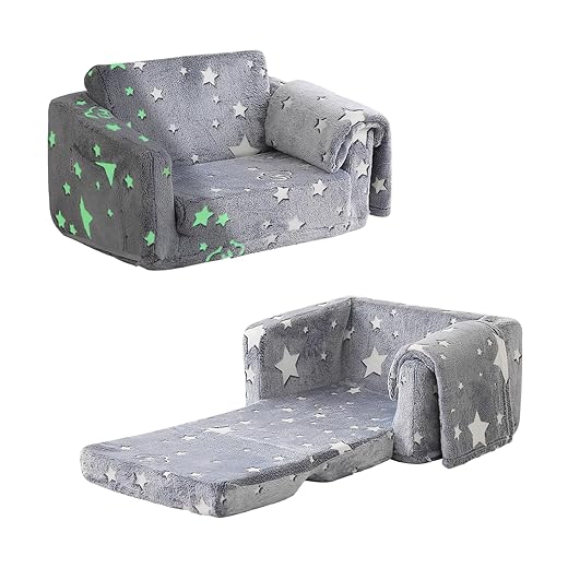 Kisdsa Kids Couch Fold Out,Foldable Toddler Couch with Blanket,Kids Sofa for Girls Boys,Flip Out Toddler Chair,Kids Chair Convertible Sofa to Lounger for Children Age 1-3(Glow Star)