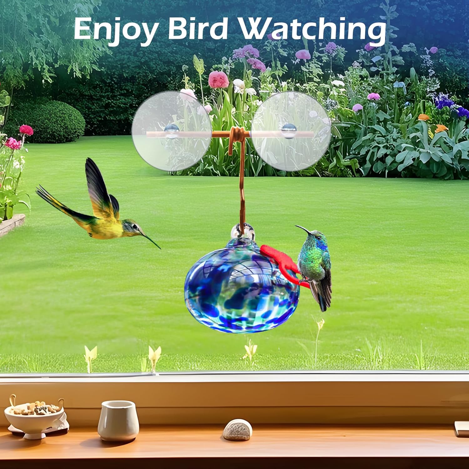 Window Hummingbird Feeder with Suction Cups,Hand-Blown Glass Hummingbird Feeders for Outdoors Window Mounted with Metal Hook,Close Bird Watching,Finch in Garden,Yard(Dotted Blue) - Image 2