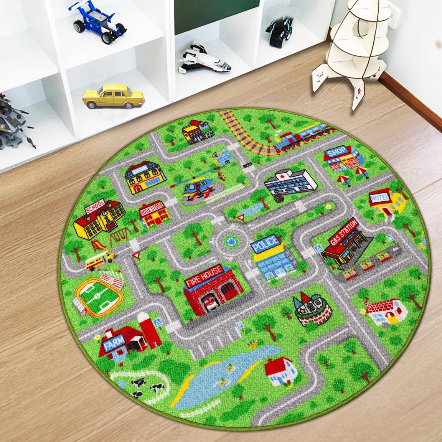 Capslpad Kids Rug Educational Play Rug 4' x 4' Traffic Road Kids Play Car Mat Large Learning Play Game Area Rug Kids Carpet for Playroom Living Room