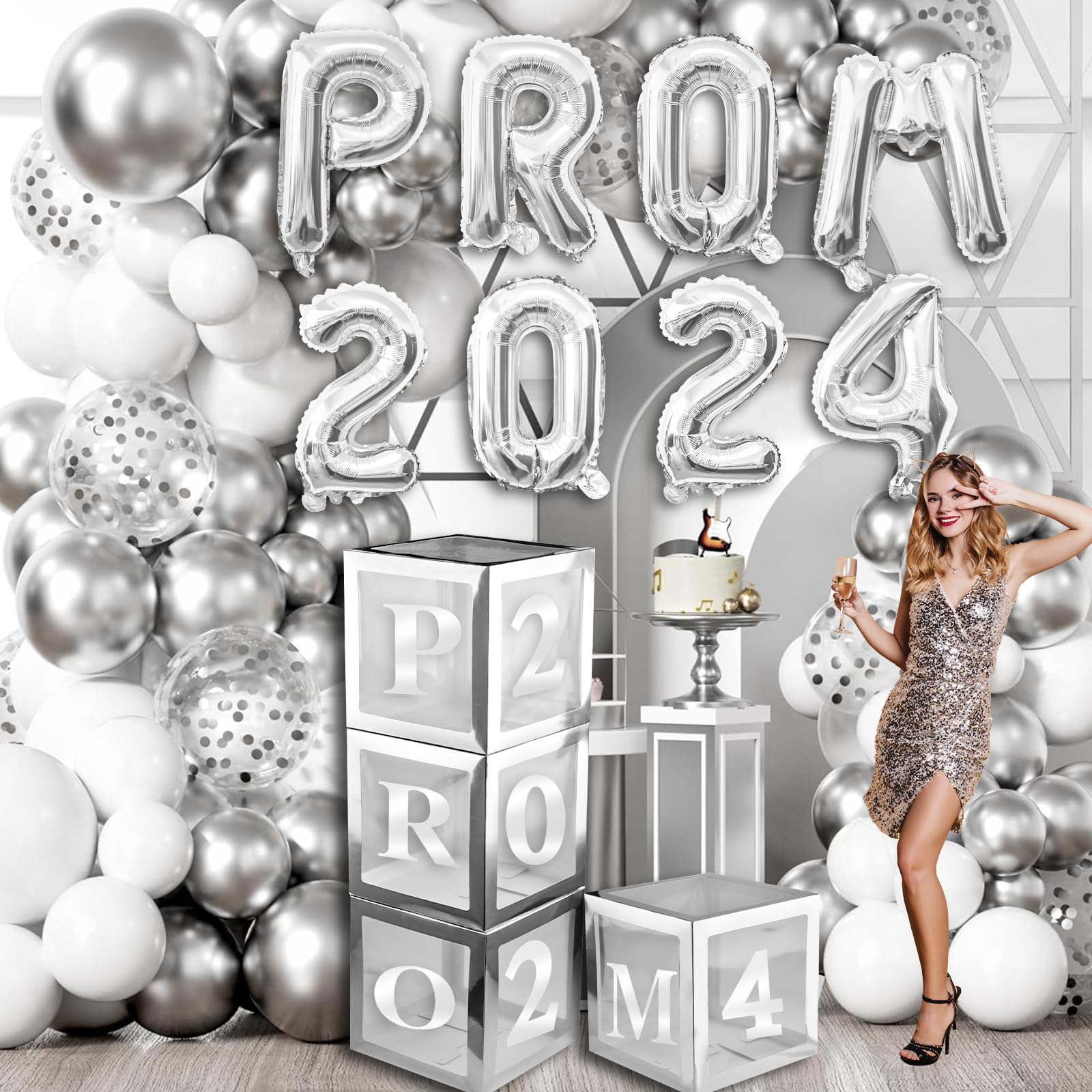 Abitoncc Prom Decorations 2025 Silver Balloon Boxes with “prom 2025 ” Letters Silver Latex Balloons for High School College Graduation Decorations Prom 2025 Balloon Boxes