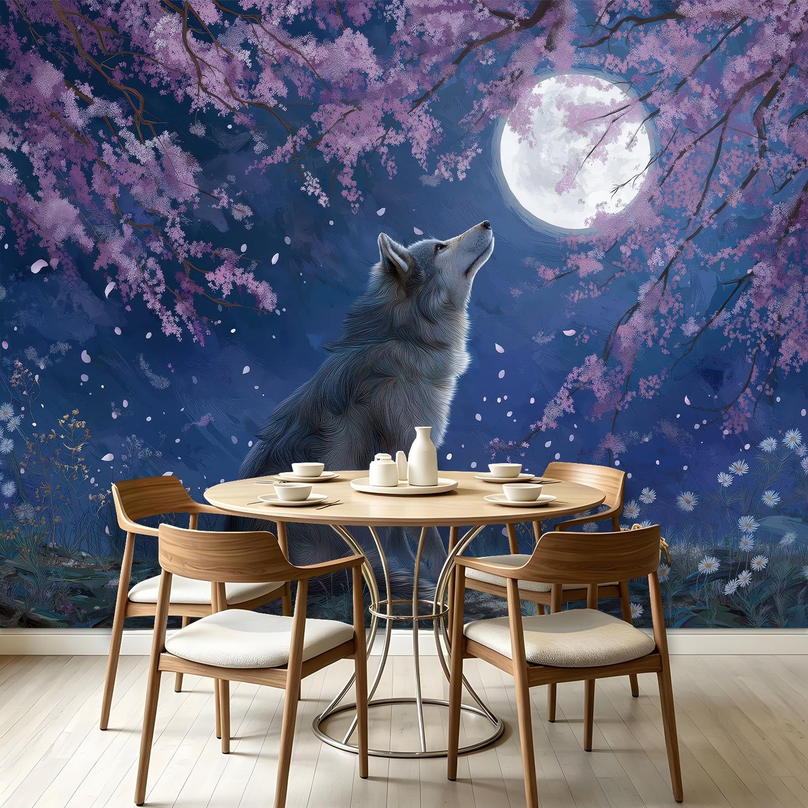 Générique Panoramiczna tapeta z włókniny fantastyczne gwiaździste niebo 250 x 175 cm, wilk kwiaty zwierzę tapeta - do salonu sypialnia jadalnia dekoracja ścienna, rozmiar na zamówienie
