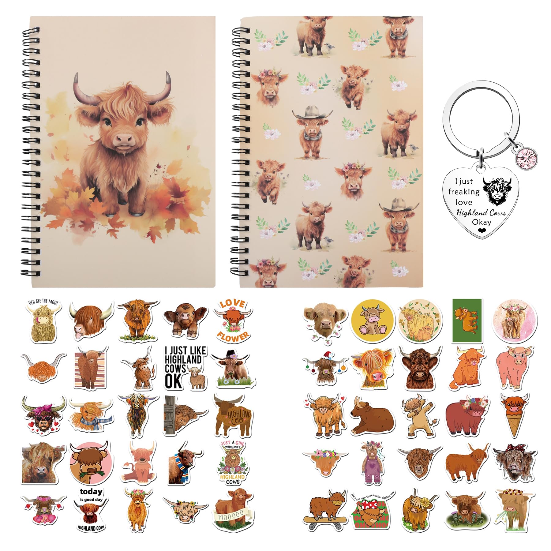 Wasise Highland Cow Gifts - 2PCS Highland Cow Notebook, 50PCS Highlands Cattle Stickers, Highlands Cattle Keyring, Animal Lovers Gifts for Women, High Land Cows Stationery Set