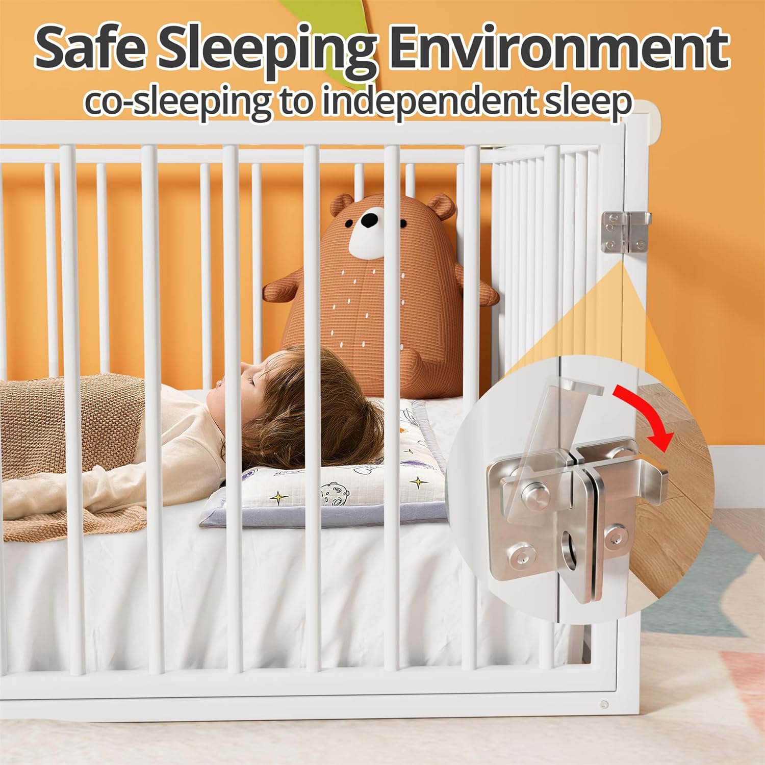 Close-up of the bed's safety latch mechanism and a child sleeping safely inside