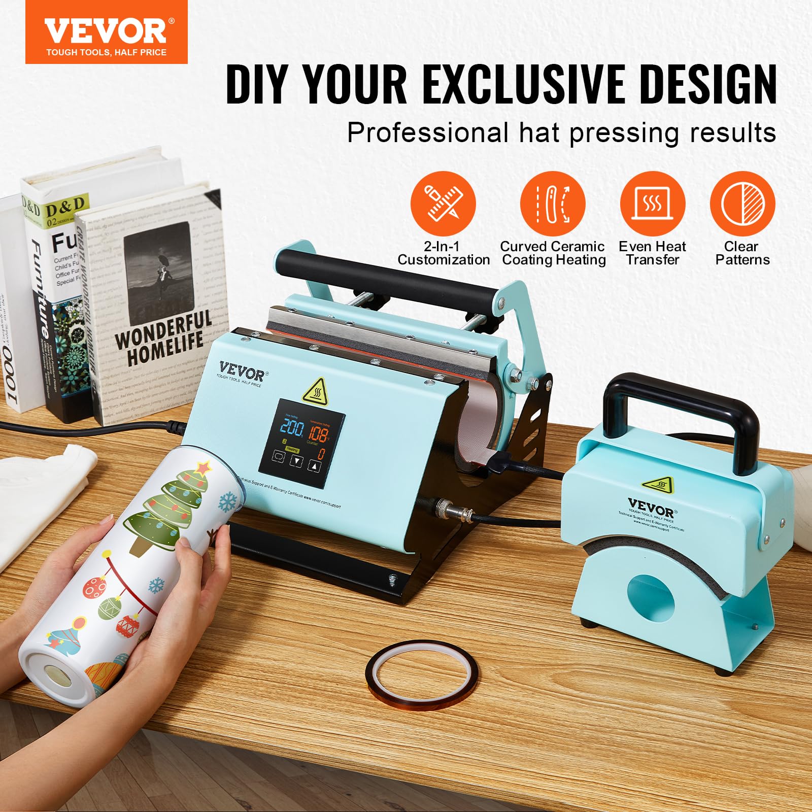VEVOR 2 en 1 Máquina de Prensado Térmico para Vasos y Gorras Mini Prensa Térmica para Sombreros Prensa Térmica para Vasos y Tazas de Sublimación de 11-30 oz, Control de Temperatura y Tiempo, Verde