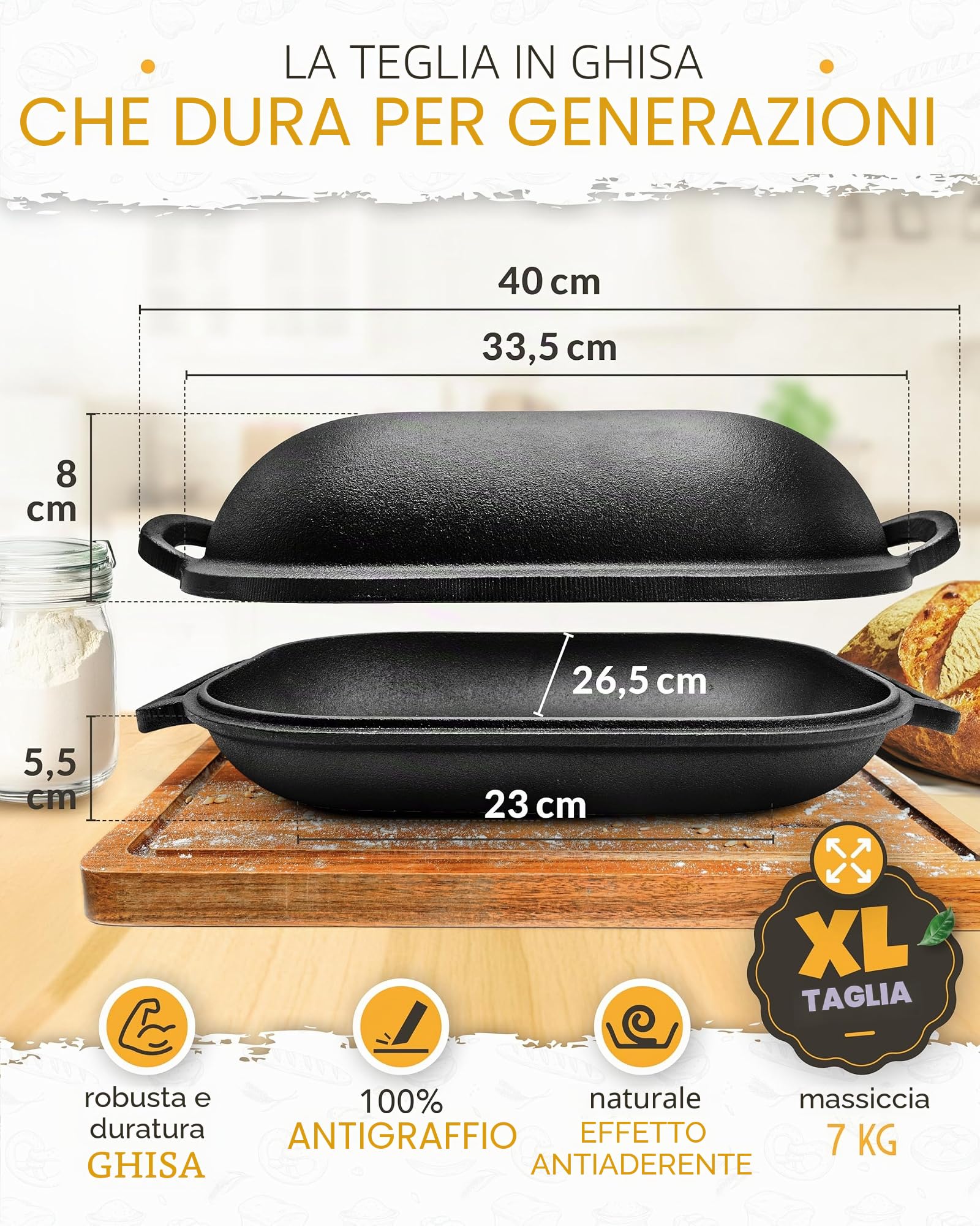 KRUSTENZAUBER Stampo per pane da 40 cm con coperchio in ghisa con cestello per lievitazione – Robusta pentola in ghisa – ideale per pane fatto in casa, pentola in ghisa, cast iron pot