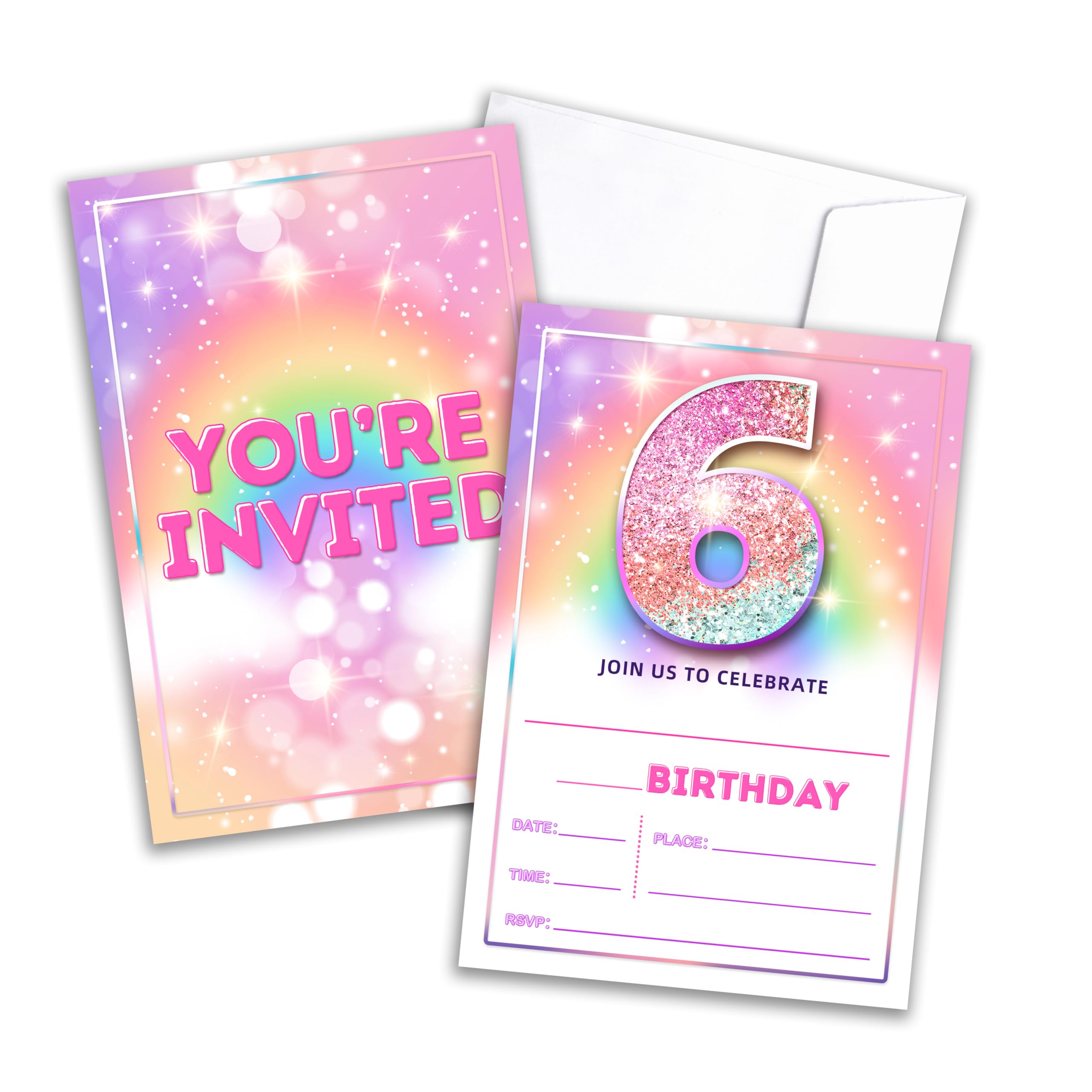 FQPJA Pink Rainbow Birthday Invitations, Birthday Party Invites Cards For 6th Girls, Confetti Invitation Cards With Envelopes, Birthday Party