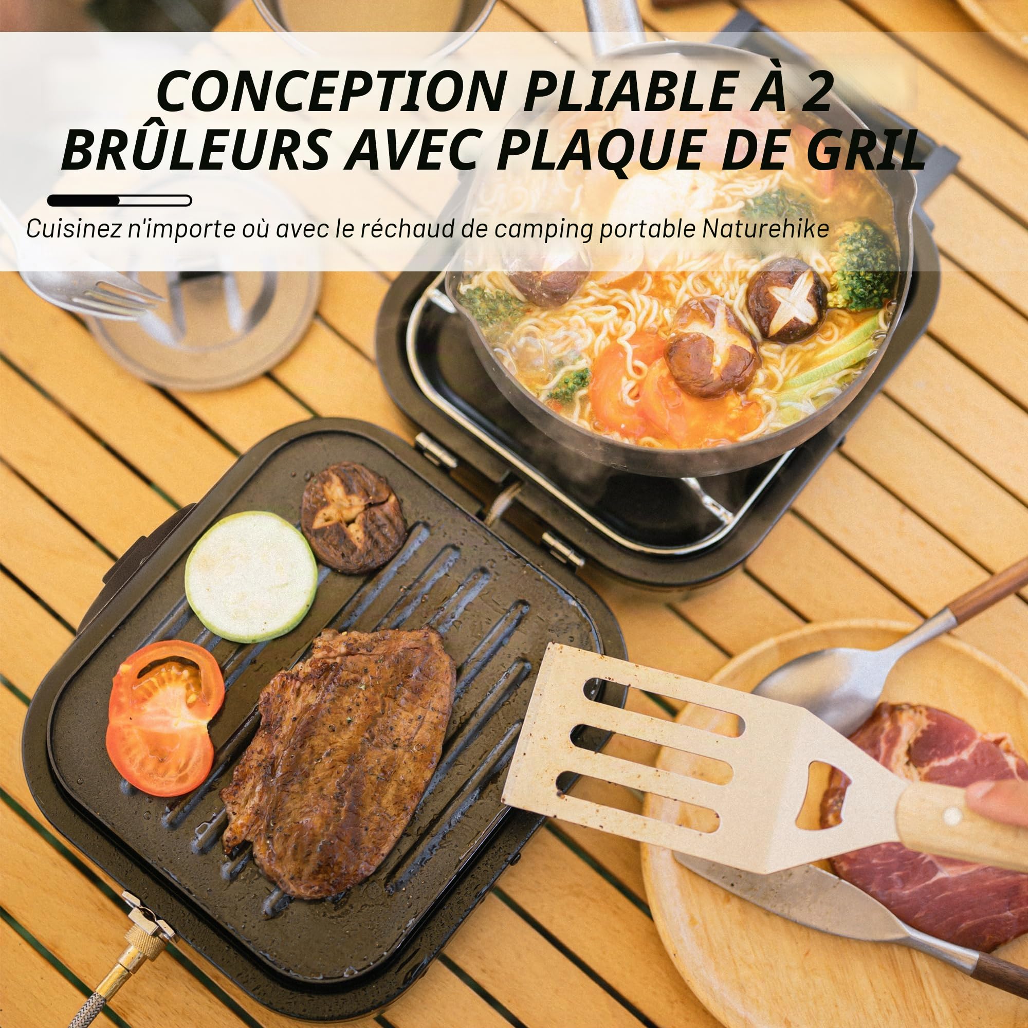 Naturehike Réchaud à Gaz Pliable Réchaud De Camping 2 Feux Pliable Avec Sac De Transport Cuisinière Portable Poêle 2 En 1 Cuisinière De Camping à Gaz Pour Le Camping En Plein Air Pique-nique BBQ