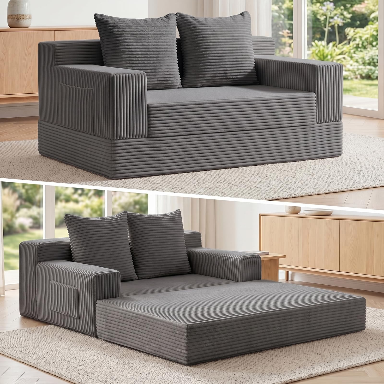 Boneless Loveseat Small Couch Bed, Futon Sleeper Sofa Bed,Convertible Pull Out Couch with 2 Pillows,Corduroy Folding Floor Couch for Living Room,No Assembly Required,Grey