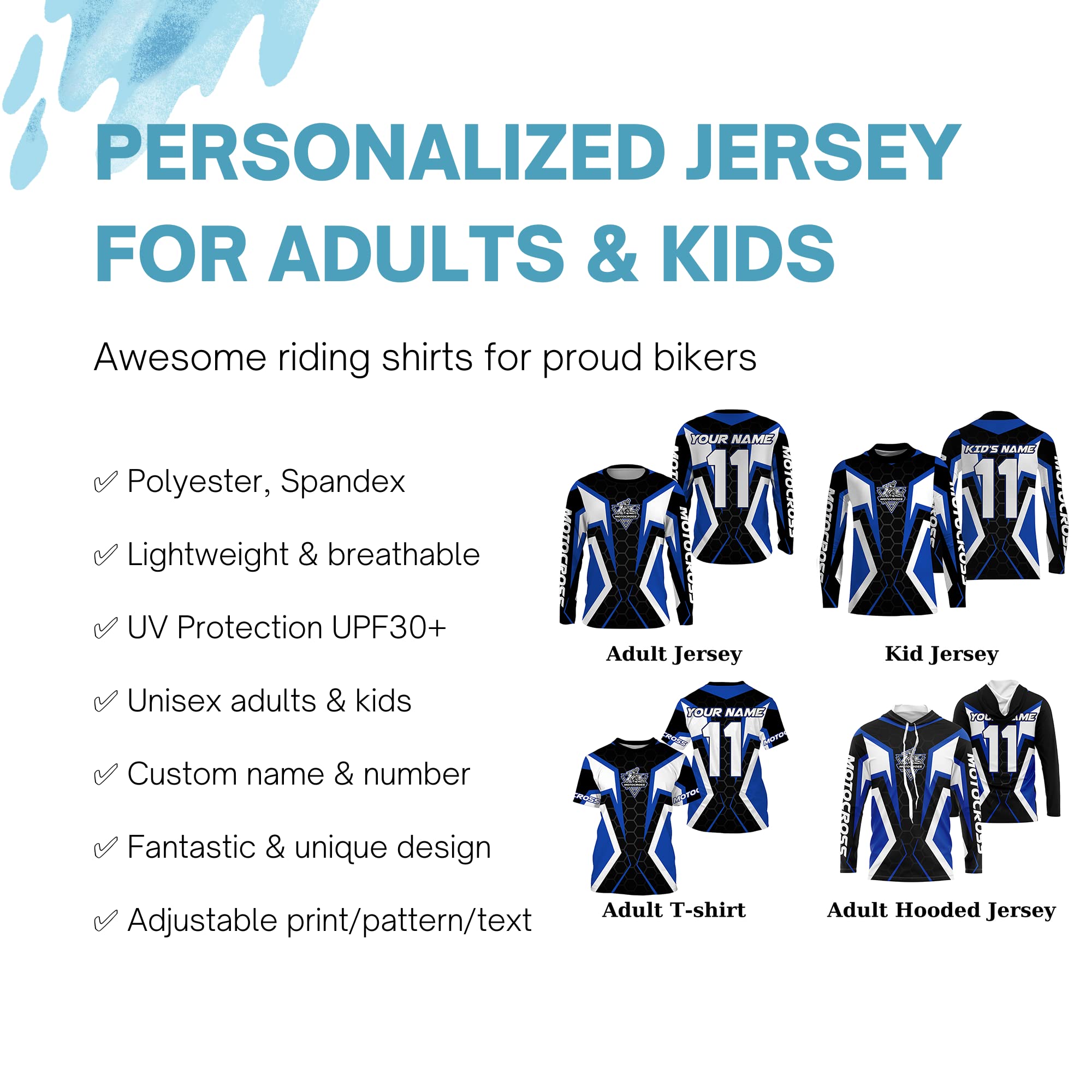 Customizable Adult&Kid Jersey MX Blue Off-Road UPF30+ Shirt Biker Racing Motorcycle PDT41