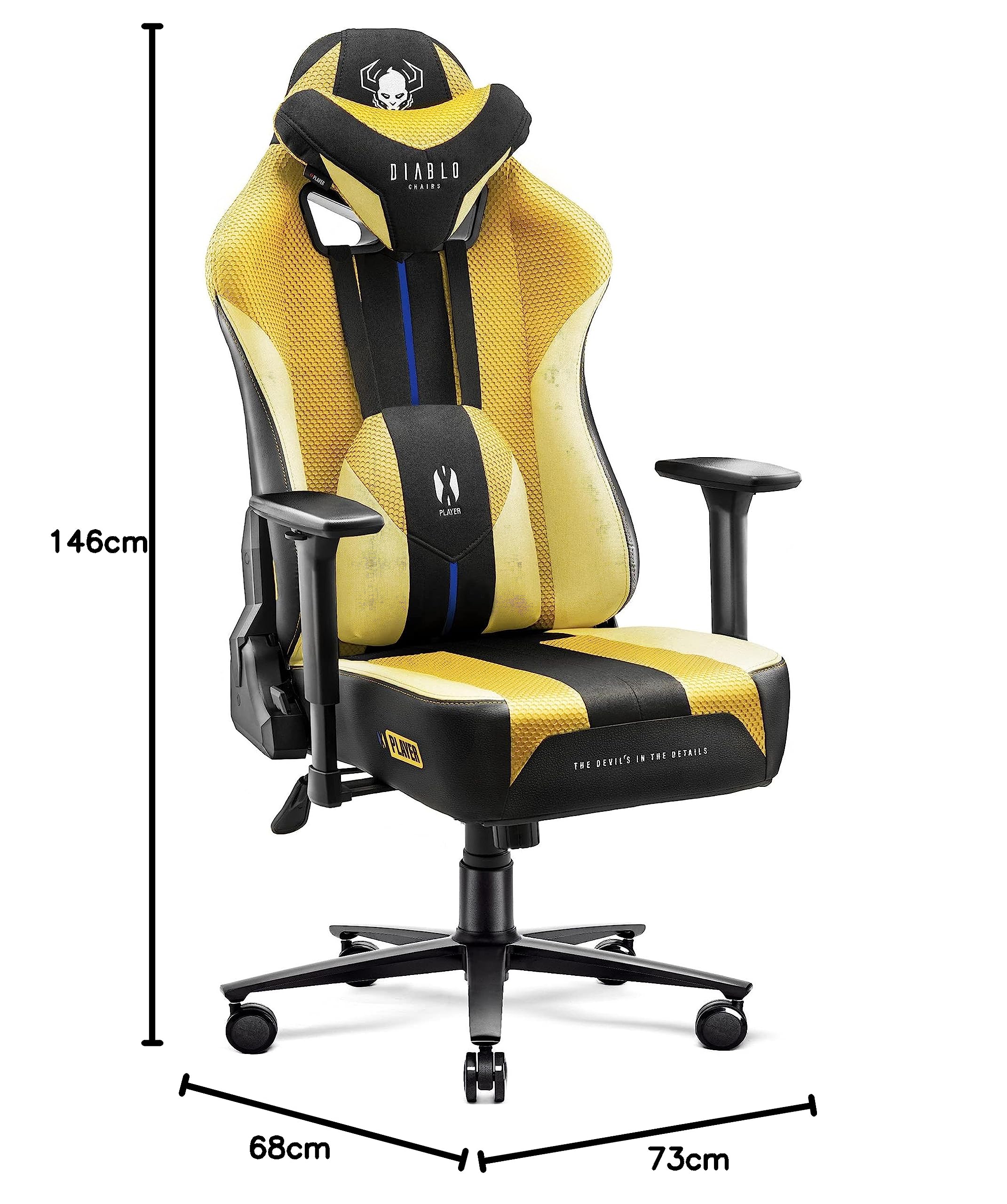 Diablo Sedia da Gaming in Tessuto X-Player 2.0 - Gaming Chair Ergonomica con Braccioli 3D - Cuscino Cervicale/Lombare Funzione Dondolo - Sedia per PC, Poltrona Gaming, Sedia Ufficio 160 kg - King (XL)