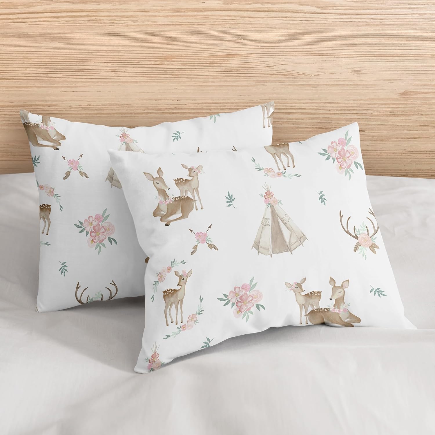 Sweet Jojo Designs Blush Pink, Mint Green and White Boho Watercolor Woodland Deer Floral Girl Full/Queen Kid Teen Bedding Comforter Set - 3 Pieces