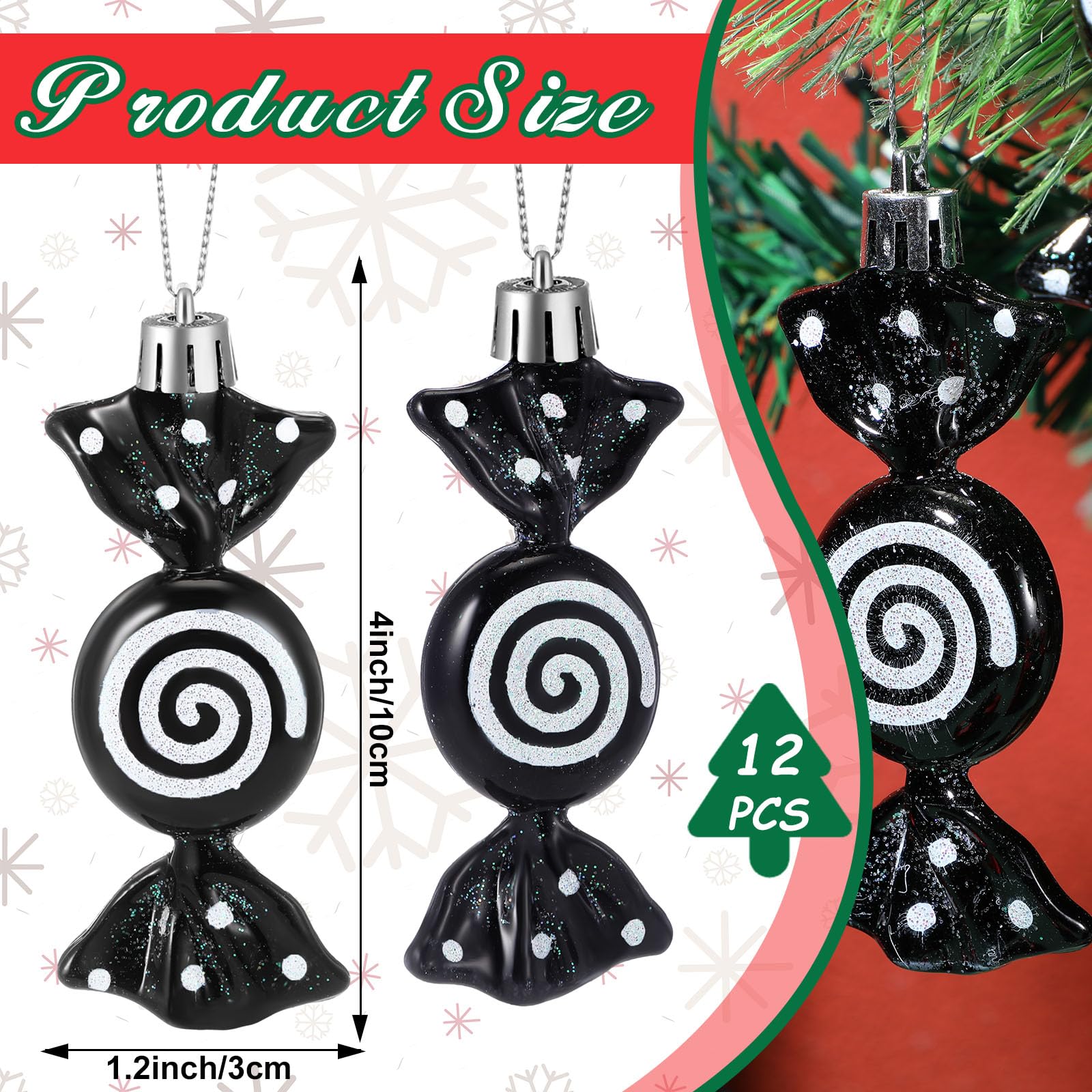 Threan 12 Pcs Christmas Candy Ornaments for Tree Decoration Hanging Glitter Candy Cane Christmas Peppermint Ornament with Golden Rope for Xmas Holiday Decoration(Black,Plastic) - Image 4