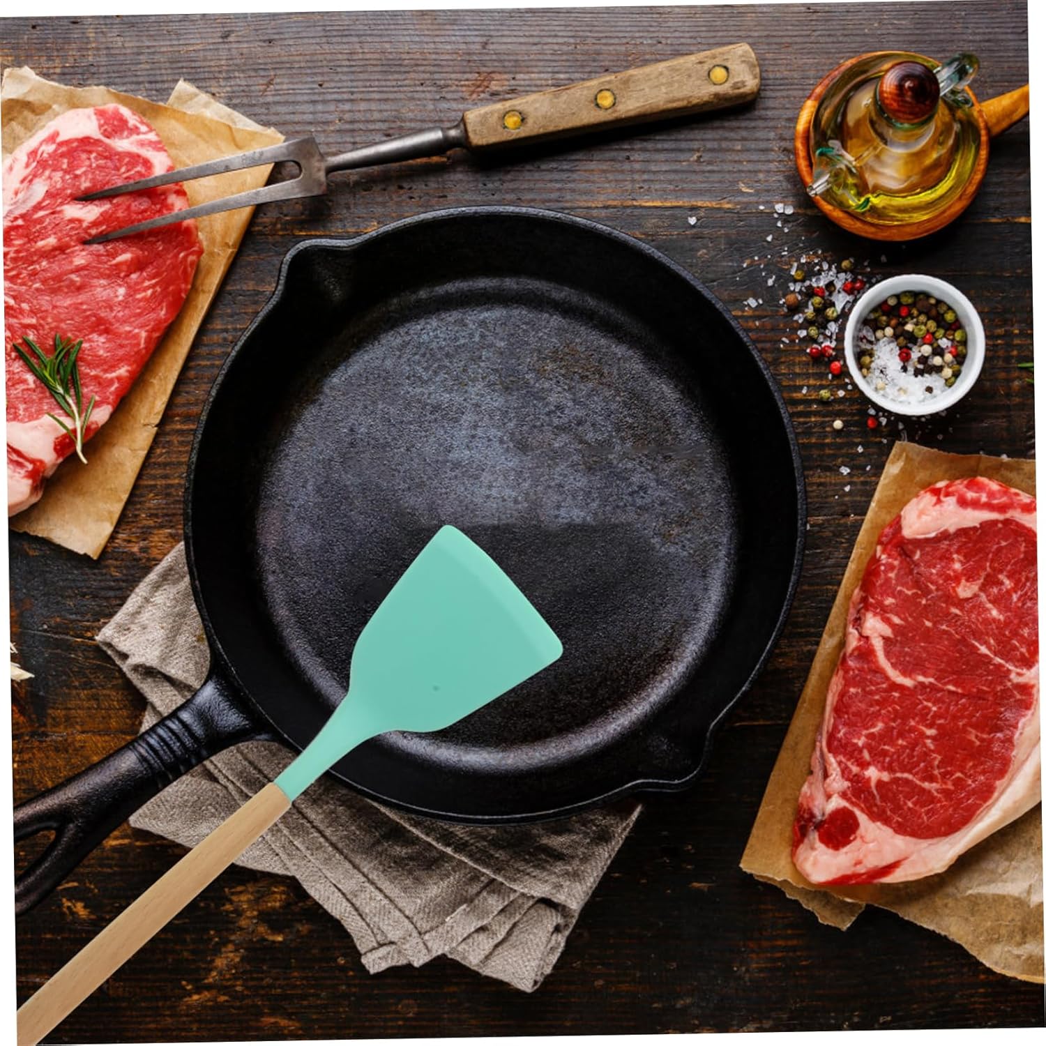 OUNONA Silicone Kitchenware Set Wooden Handles Heat Resistant Non-stick Easy to Clean Multi-functional Utensils