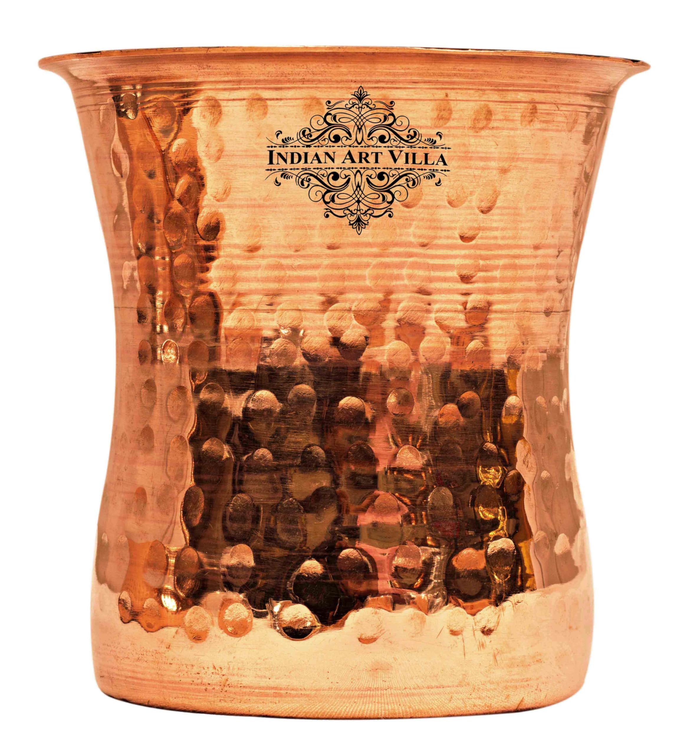 Indian Art Villa Steel Copper Hammered Curved Glass Hammered Design Tumbler Drinkware Home Hotel Restaurant Volume-10 Oz Set
