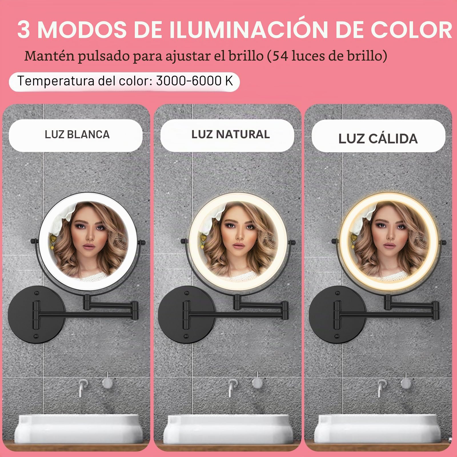 Espejo de maquillaje montado en la pared de 8 pulgadas con luces, espejo de afeitado LED recargable, aumento de doble cara 1X/10X, iluminación regulable de 3 colores, rotación de 360°, negro