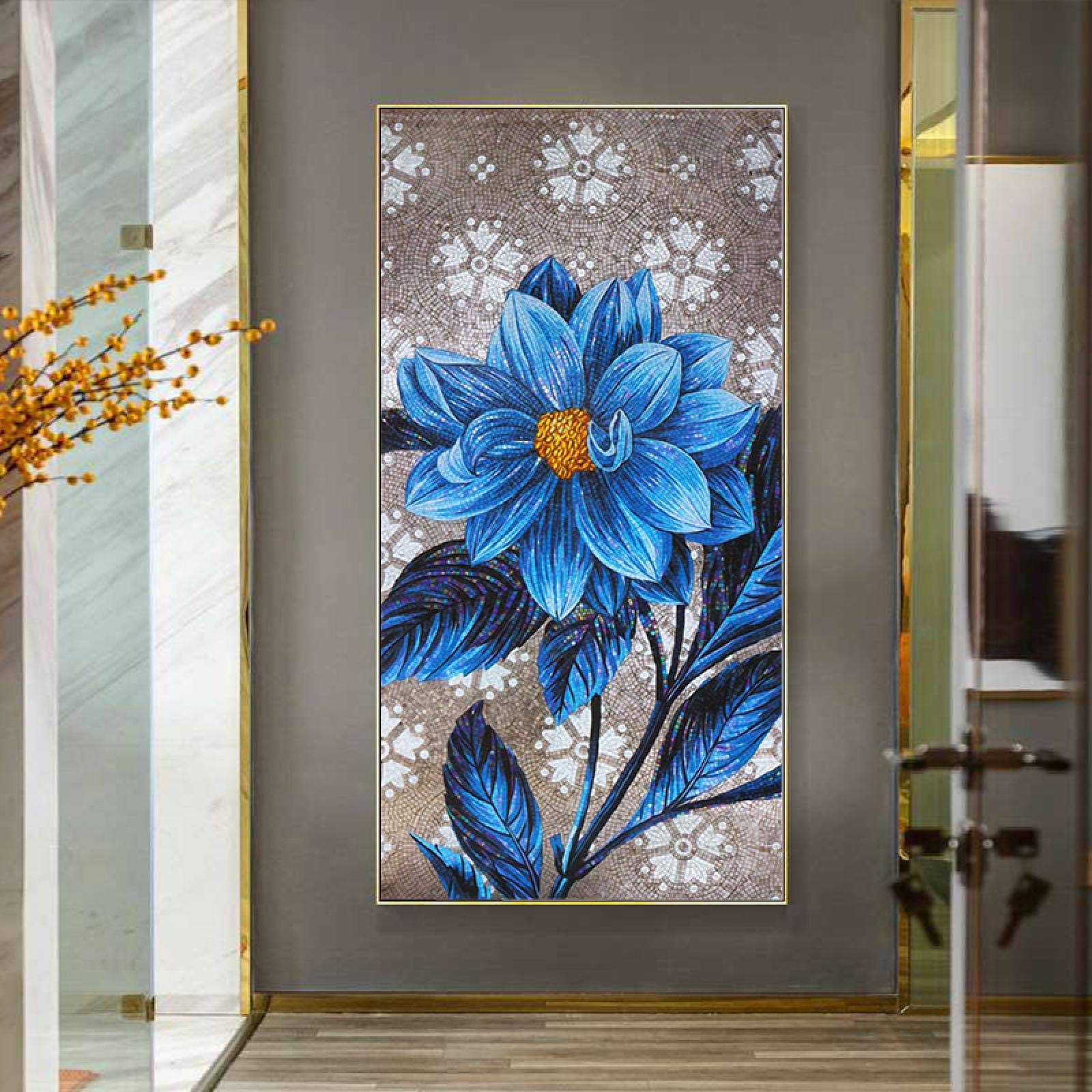 Flor de peonía azul Entrada abstracta Pasillo Decoración para el hogar Pintura Lienzo Arte de la pared Cartel Impresiones de imágenes botánicas de lujo 75x150cm (30x59in) Con marco