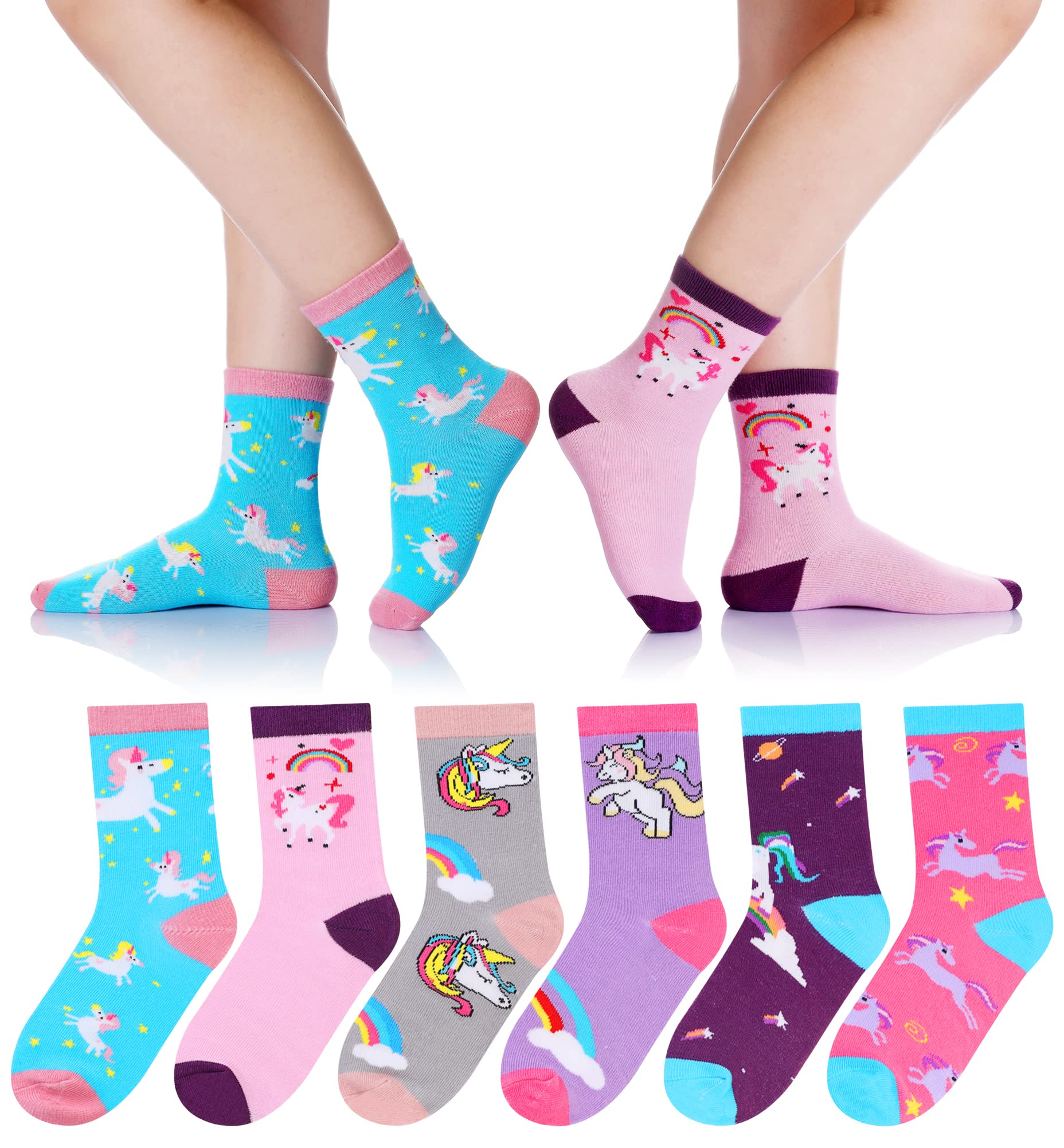 Girls Socks Unicorn Kids Crew Funny Cotton Cute Animal Novelty Cartoon Pattern Fashion Crazy Socks 6 Pairs
