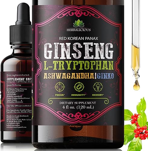 Red Korean Panax Ginseng - Gotas líquidas con L-triptófano, Ashwagandha y ginkgo - Mezcla de adaptógenos herbales para el bienestar diario