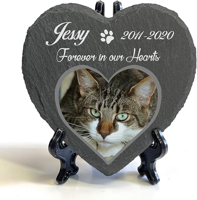 TULLUN Personalised Memorial Heart Shape Plaque + Paw Display Stand For Pet Cat Dog Slate Stone Frame Paw Grave Marker - Photo and Name - Size | 4" x 4" or 10 x 10 cm|