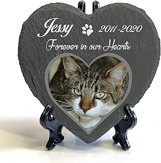TULLUN Personalized Memorial Heart Shape Plaque + Stand for Pet Cat Dog Slate Stone Frame Paw Grave Marker - Photo and Name - Size | 4