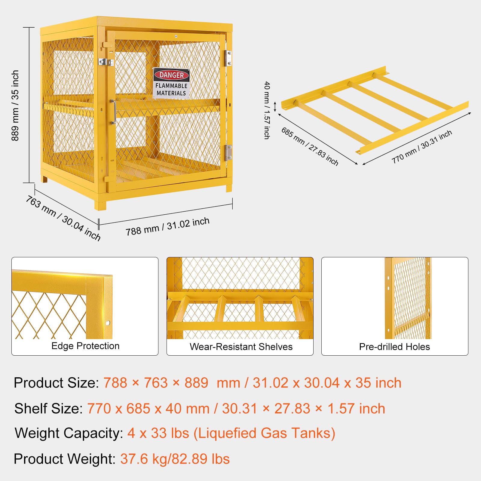 VEVOR Armoire de Sécurité pour Bouteilles de Gaz 78,8x76,3x88,9 cm, Cage pour Bouteille de Propane Capacité 4x15 kg, Revêtement en Poudre Jaune, Cabine de Stockage pour Fréon, Gaz, Oxygène, Azote