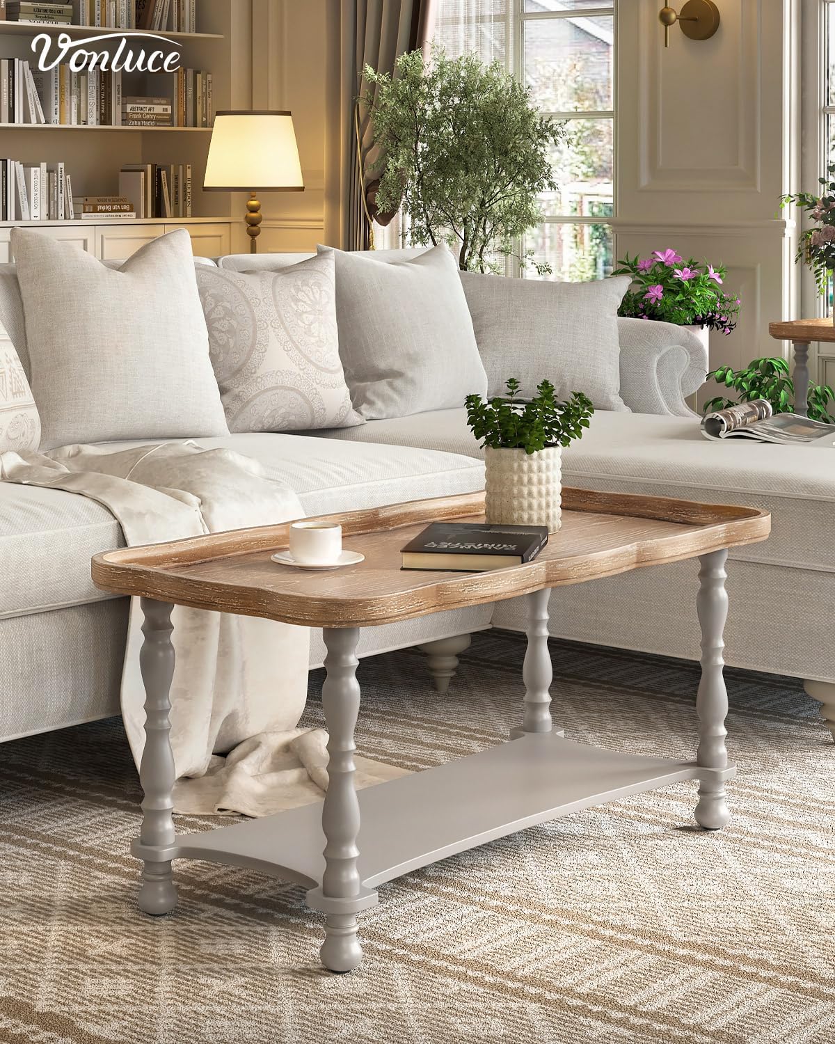 VONLUCE French Country Coffee Table, 40'' Farmhouse Rustic Unfinished Wood Tray Top Vintage Coffee Table for Living Room Dining Room Bedroom, Small Space, Gray
