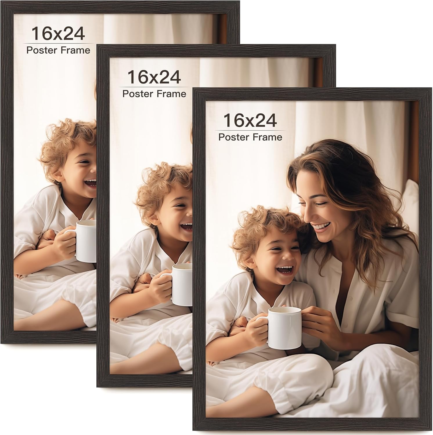 16x24 Picture Frame Set of 3, Black Wood Grain 16x24 Frames for Horizontal and Vertical Wall Mounting (3 pack,Black) 16x24, 3 pack Distressed Black