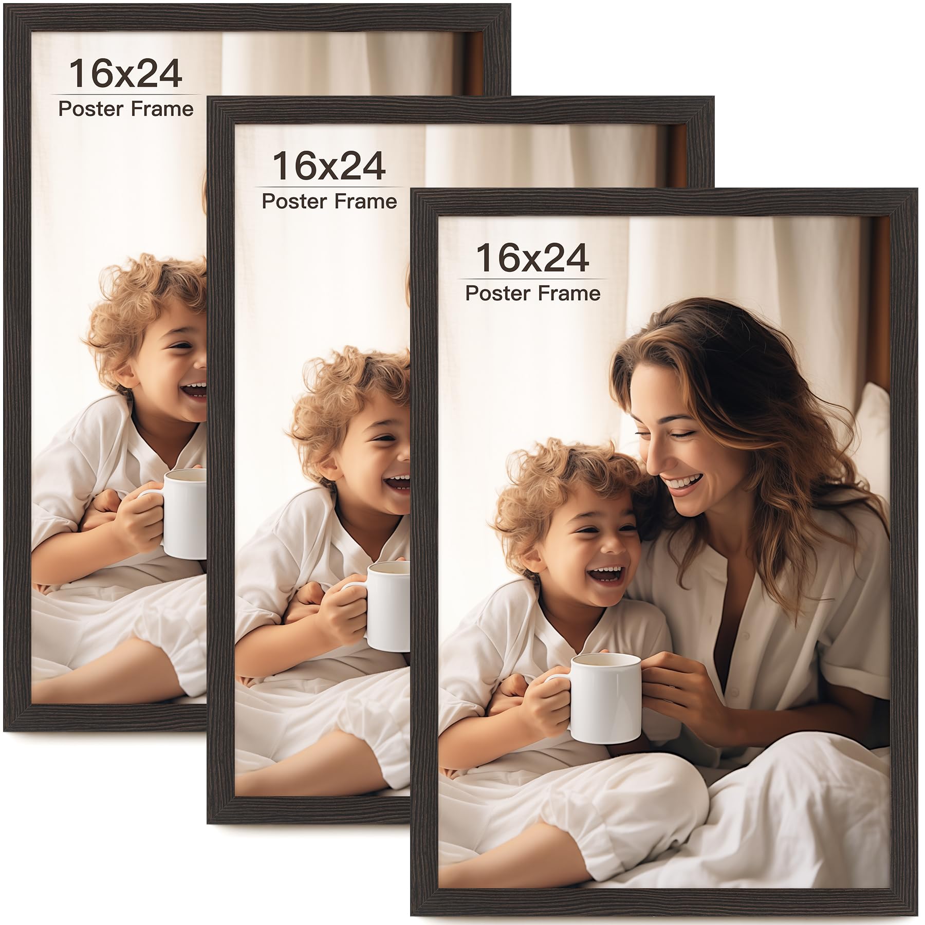 16x24 Picture Frame Set of 3, Black Wood Grain 16x24 Frames for Horizontal and Vertical Wall Mounting (3 pack,Black)
