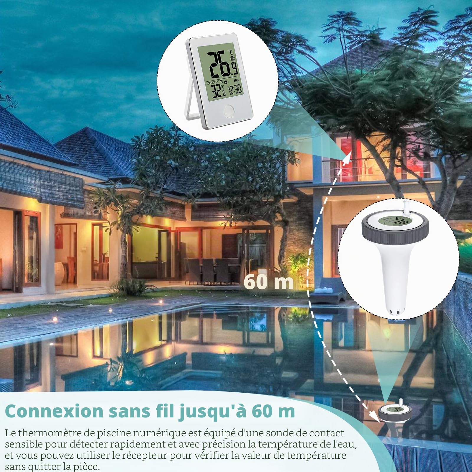 Thermomètre de piscine numérique - Thermomètre flottant sans fil - Étanche IP67 - Pour aquarium, piscine, étang, étang à poissons