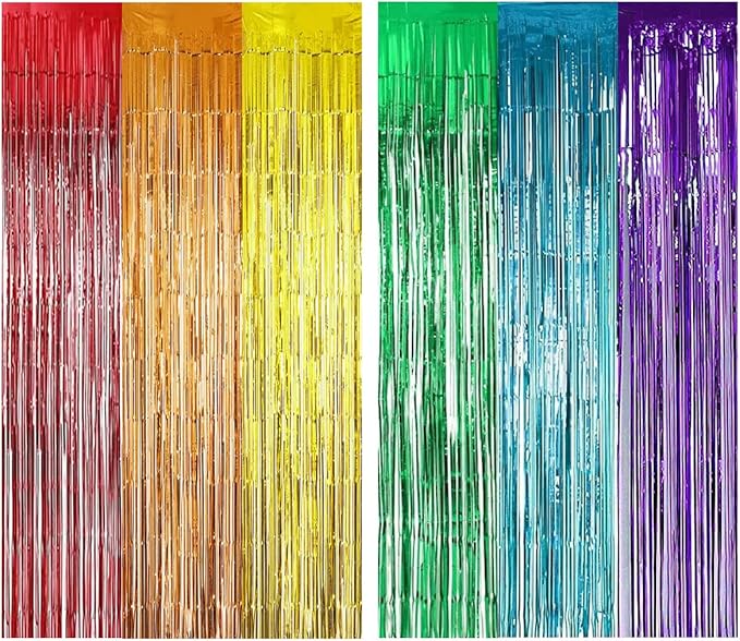 Muhome Colored Rainbow Foil Fringe Curtains, 2 PCS Rainbow Tinsel Streamers