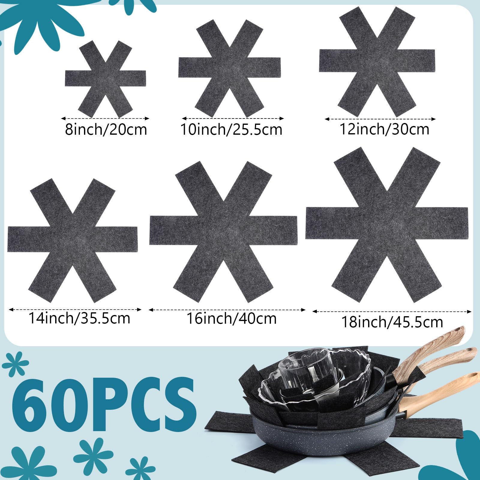 Queekay 60 protectores de ollas y sartenes, 6 tamaños diferentes, protectores de utensilios de cocina, separadores de ollas, almohadillas separadoras apilables para proteger y separar sartenes (negro)