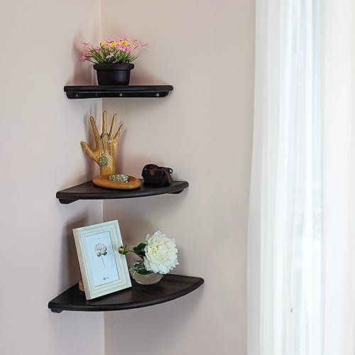 Miniatura 2 de Estante de esquina hecho a mano para montaje en pared, extremo redondo, 9.8 pulgadas, estante colgante de madera natural para almacenamiento y