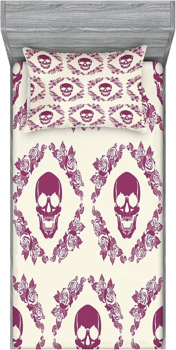 Ambesonne Sugar Skull Fitted Sheet & Pillow Sham Set, Monochrome Style Calavera Inspired Surround by Circular Floral Wreath Print, Decorative Printed 2 Piece Bedding Decor Set, Twinxl, Fuchsia Cream