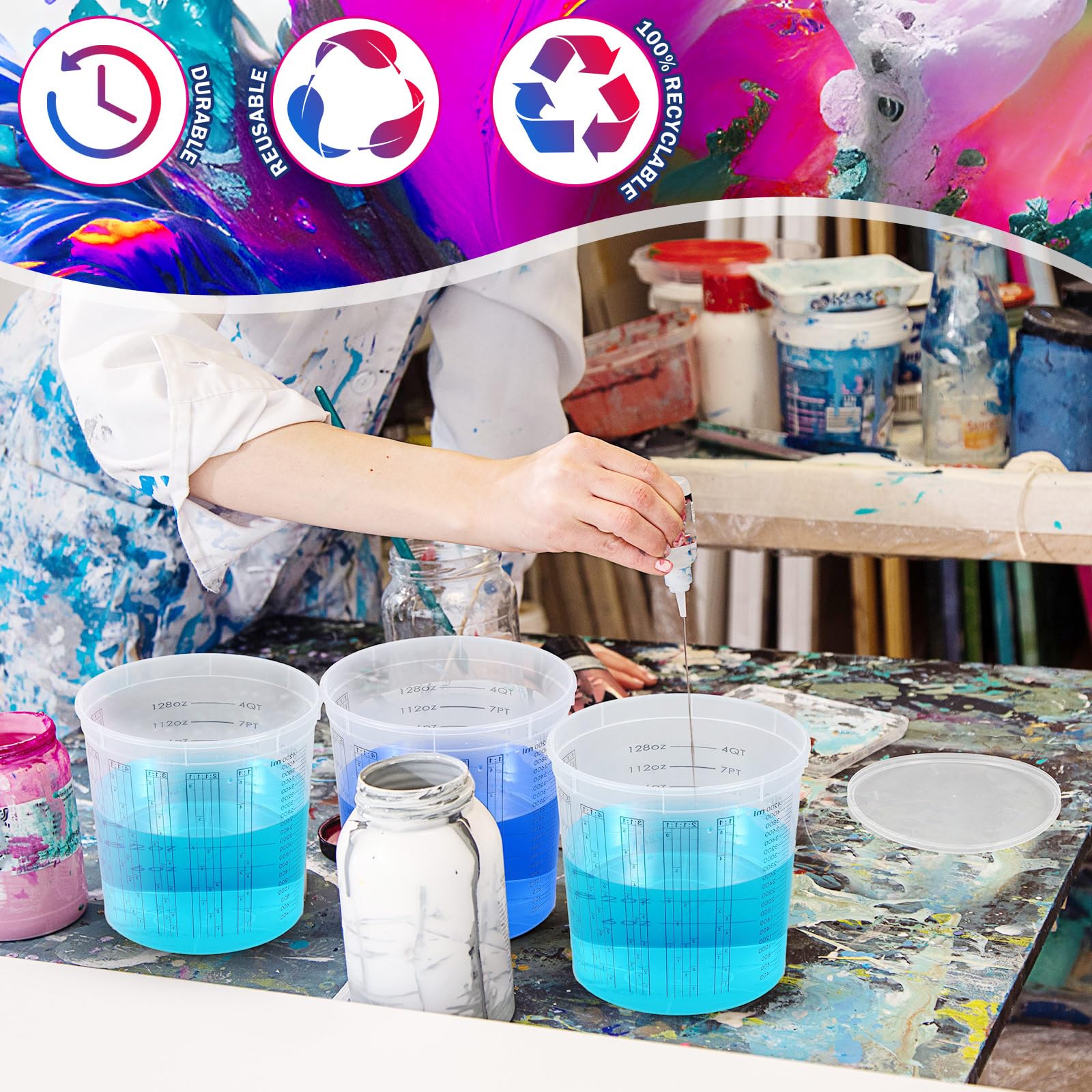 Mifoci 30 tazas graduadas de mezcla de pintura graduada de 167 onzas con tapas, cubo de mezcla de pintura transparente desechable de 5 cuartos de galón, tazas medidoras de plástico epoxi con