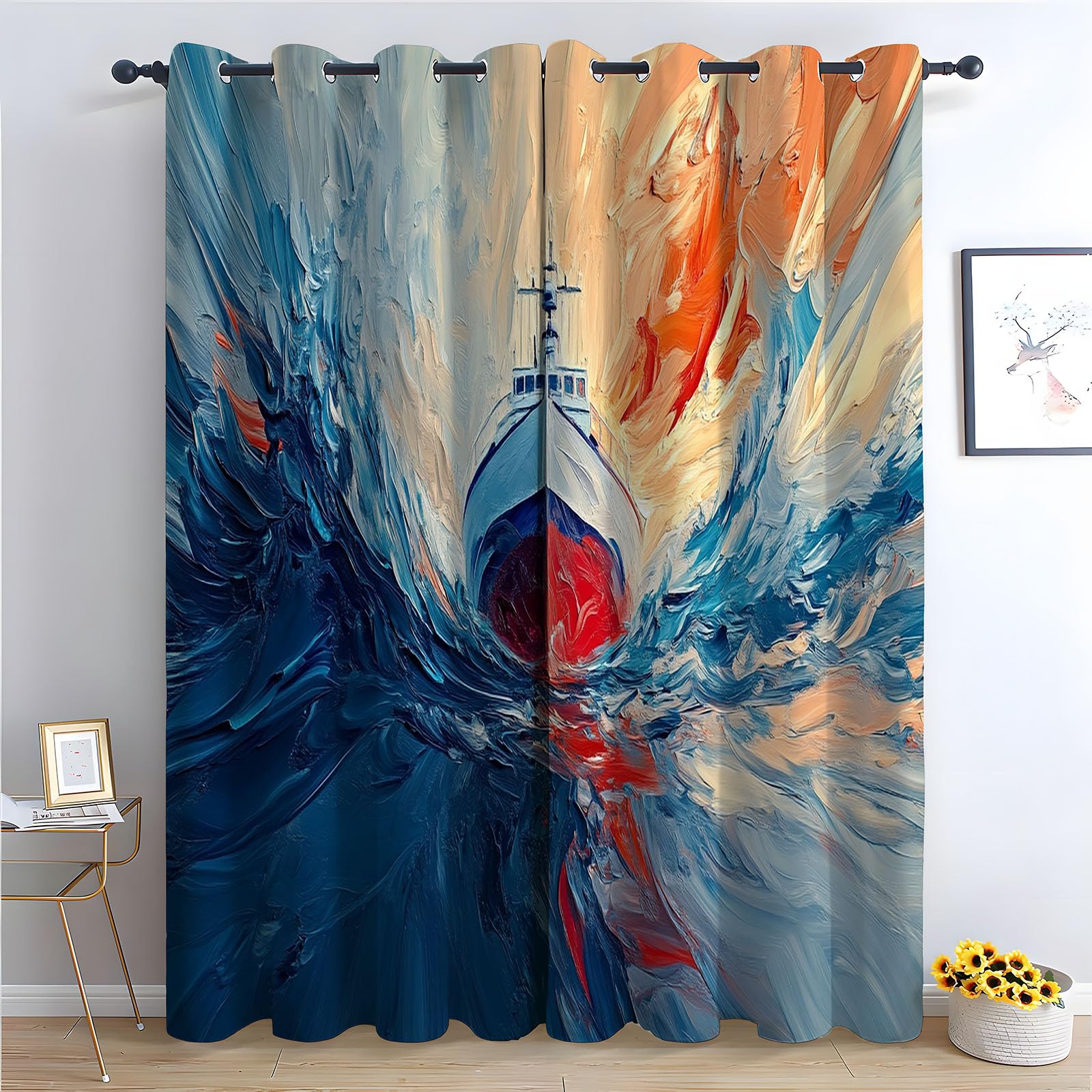 WIKEO Floral Curtains Abstract Seascape pattern - Botanical Pencil Pleated Drapes - for Bedroom Drop Eyelet Curtain, Thermal Insulated Blackout 2 Panels-52 W x 96" L (Pack of 2)