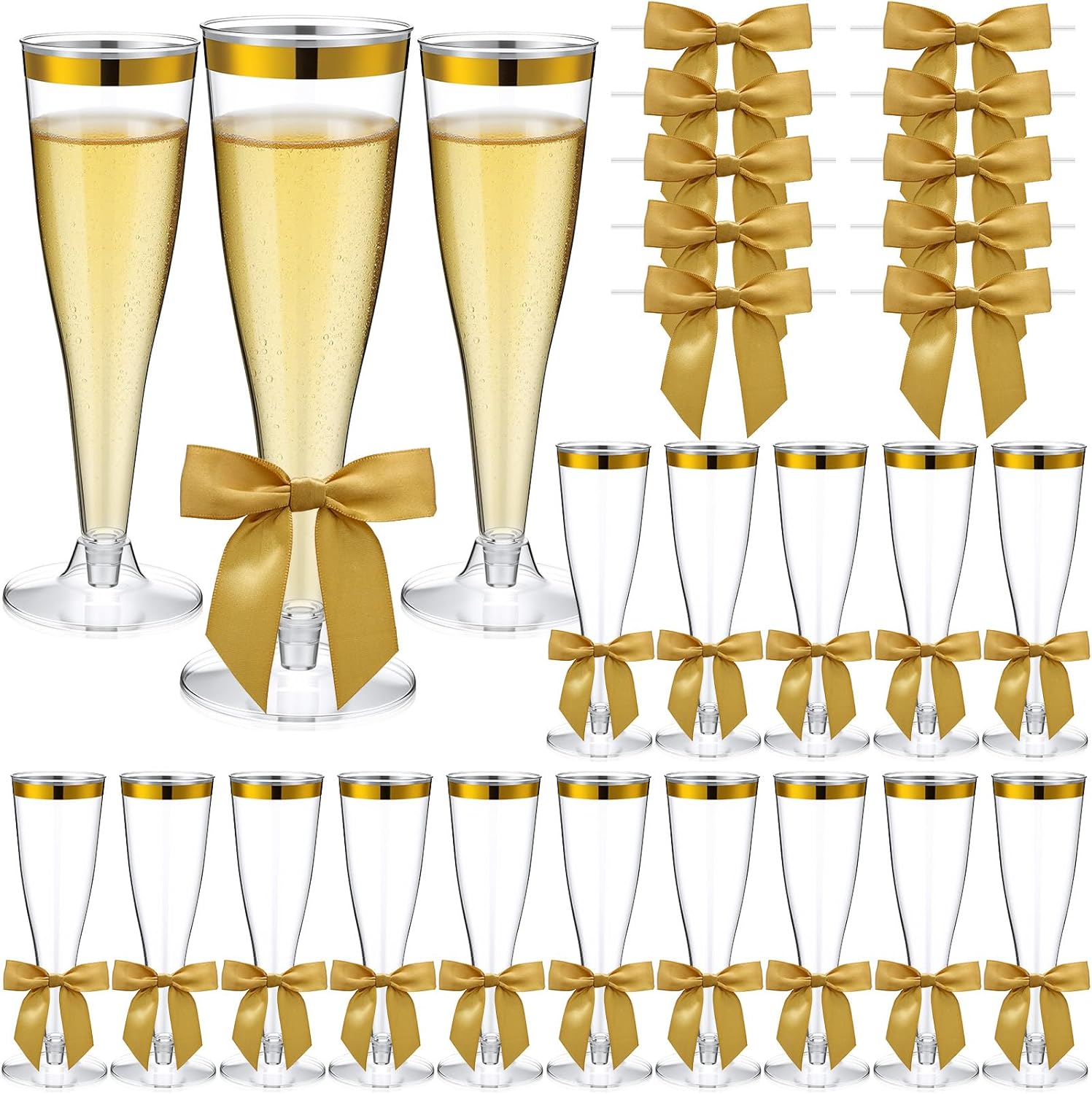 Zopeal 100 Pcs Plastic Champagne Flute Glasses and Bow Set 4.5 oz Gold Glitter Wedding Toasting Goblet 50 Pcs 3.5" Bow Reusable Unbreakable Stemware for Valentine Birthday Party(Gold Rim,Khaki)
