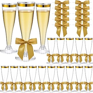 Zopeal 100 Pcs Khaki Plastic Champagne Flute and Bow Set, Gold Rim