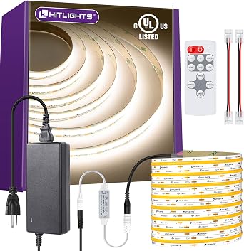 HitLights White COB LED Strip Lights Kit 4000K, Dimmable Tape Light with Remote 12V Power Supply, 2640 LEDs, 426 lm/ft, CRI 90+, UL Listed, Premium Lighting for Kitchen Cabinet Living Room, 16.4ft