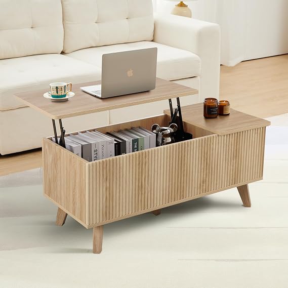 Boho Lift Top Coffee Table with Storage for Living Room, Bedroom, Rectangle Low Fluted Coffee Table with Drawers, Contemporary Pop Up Cofee Table Convertible Rising (Natural)