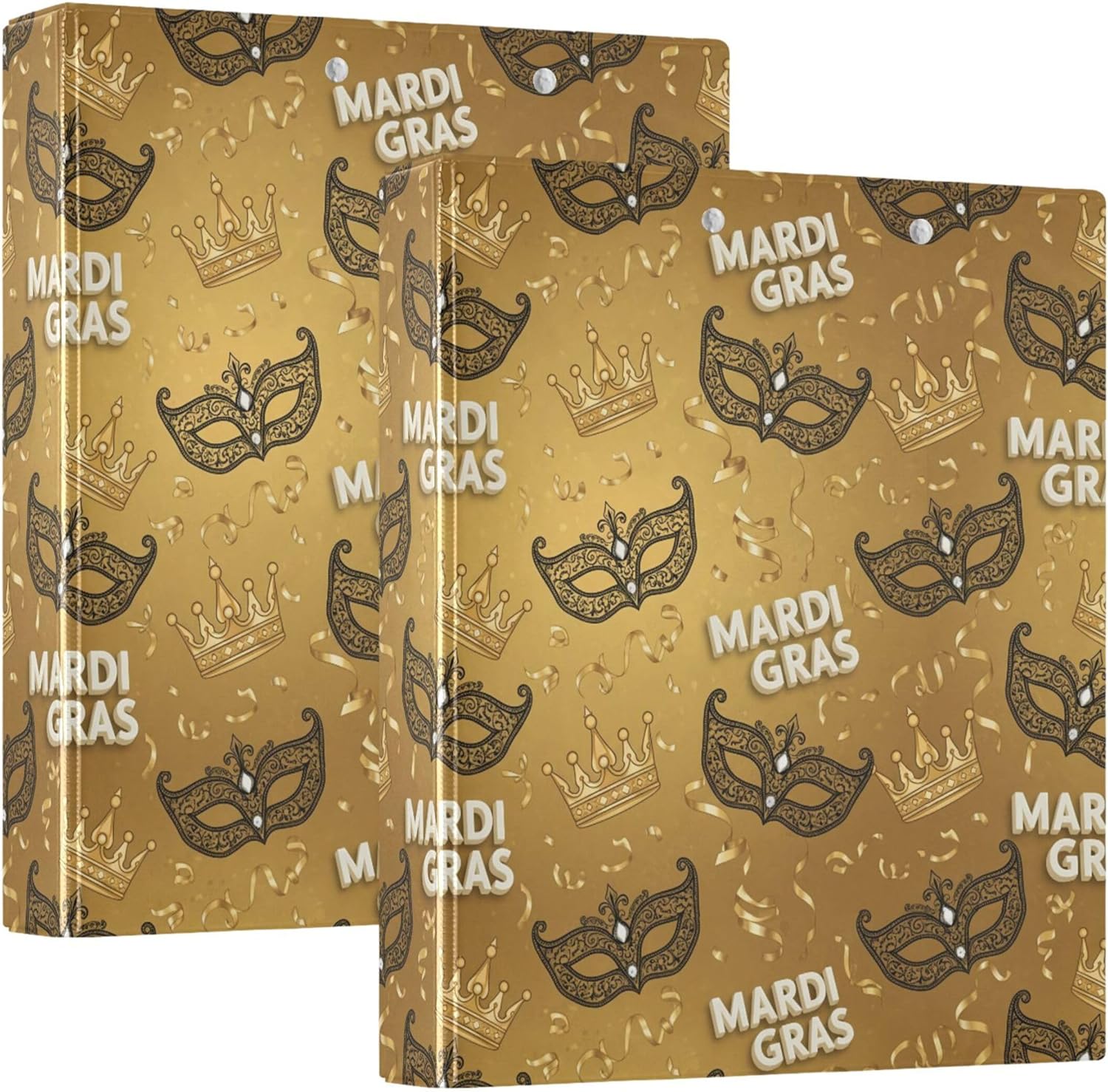 Mardi Gras Mask 3 Ring Binders, 1.5” Round Ring Binders with Clipboard - Letter Size, 3 Interior PVC Clear Pockets & Anti-Slip Clip for Office School Supplies, 2PCS